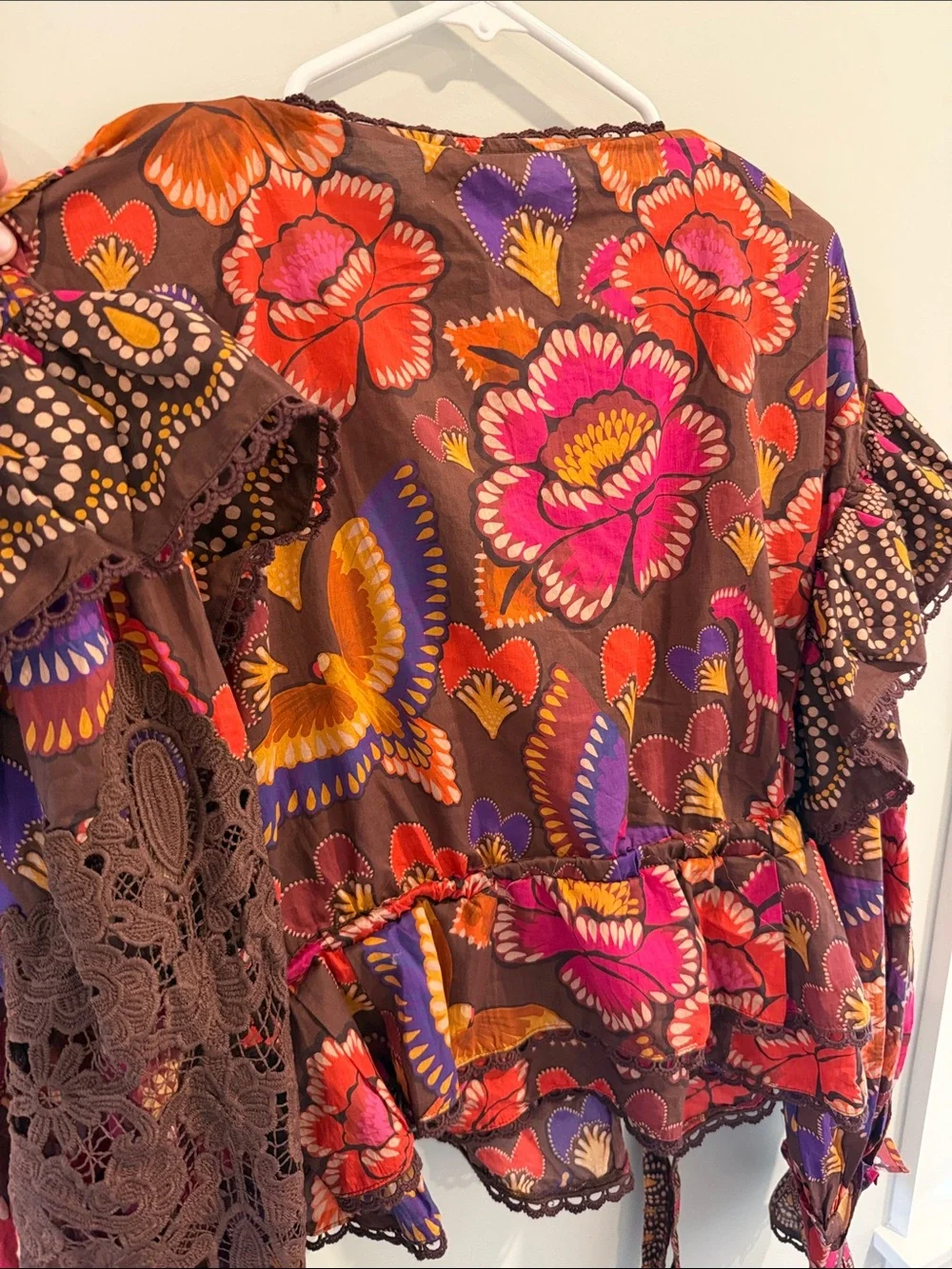 FARM Rio Bright Flora Brown Floral Peasant Blouse with Vibrant Accents